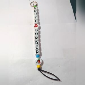 Keyring SOUTH of The BORDER  Blue, Black, White Square Beads  10" Long
